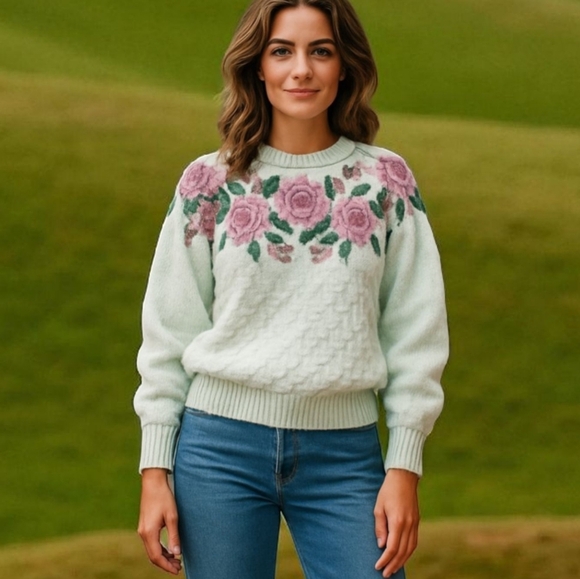 Hand Knit Cable Chunky Cream Floral Fairisle Scandi Girl Embroidered Sweater M - Picture 7 of 8